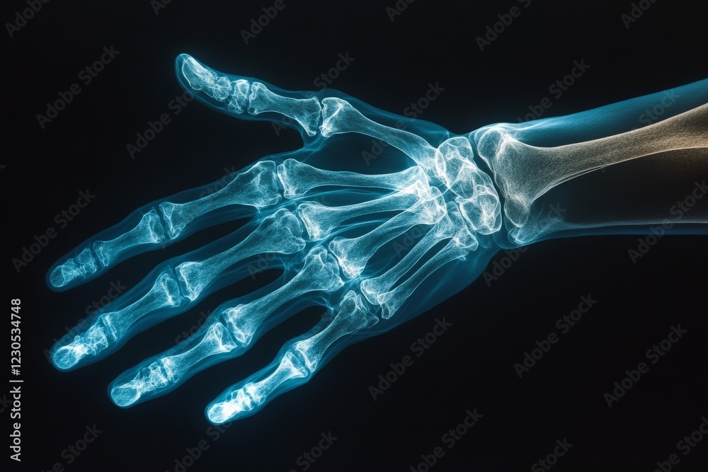 Naklejka premium X-ray of a human hand highlighting the bones and joints in detail for medical analysis and education