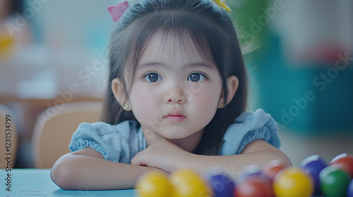 Adorable little girl with big expressive eyes sitting at a colorful table, childhood innocence, curiosity, learning environment, cute portrait, and early education concept