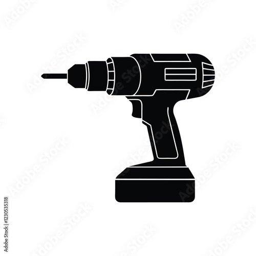 Silhouette cordless drill machine vector icon for DIY projects, construction tools, hardware equipment, repair jobs, and black isolated tool illustration