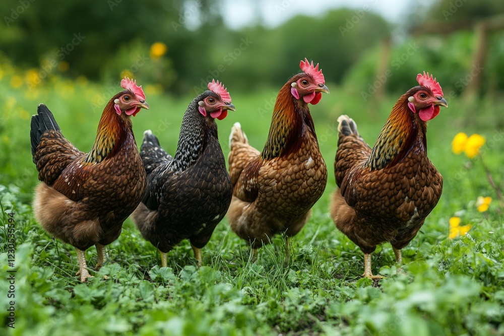 Fototapeta premium Four Chickens Strolling in Green Pasture