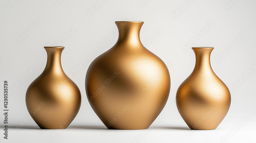 Three golden vases in different sizes on a neutral background, luxurious home decor, modern elegance, minimalist interior styling, artistic metallic design, and aesthetic beauty Three golden vases in different sizes on a neutral background, luxurious home decor, modern elegance, minimalist interior styling, artistic metallic design, and aesthetic beauty