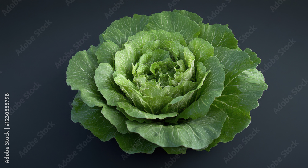 Fototapeta premium Fresh green lettuce showcasing vibrant leaves surrounded by dark background emphasizing its natural beauty and texture