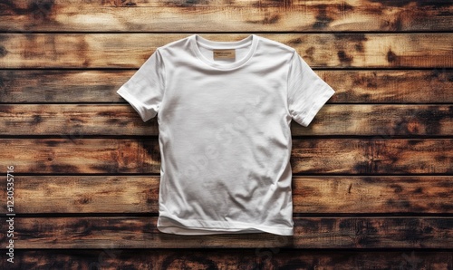 A white t-shirt is displayed on a wooden surface photo