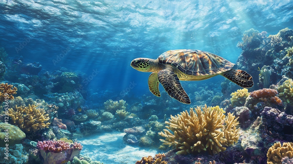 Naklejka premium Sea Turtle Grace: Vibrant Coral Reef Serenity