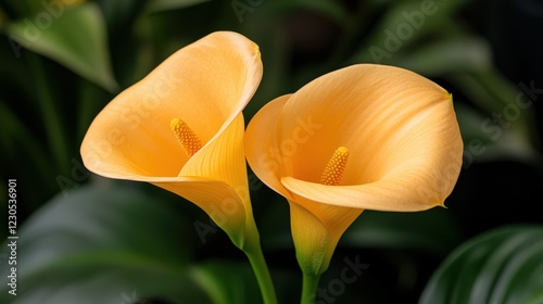 This stunning image depicts a pair of yellow calla lilies, gracefully positioned amidst lush green foliage, highlighting their unique shape and vibrant color. photo