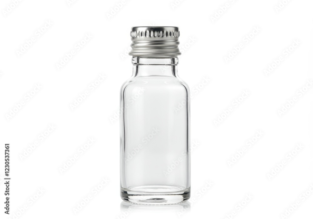 A small clear glass bottle with a cylindrical shape and a polished silver cap isolated on a white background A small clear glass bottle with a cylindrical shape and a polished silver cap isolated on a white background