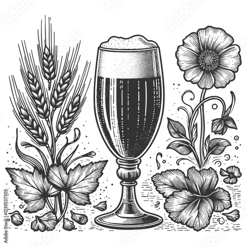 Beer Glass Hops, Barley Flowers engraving vector