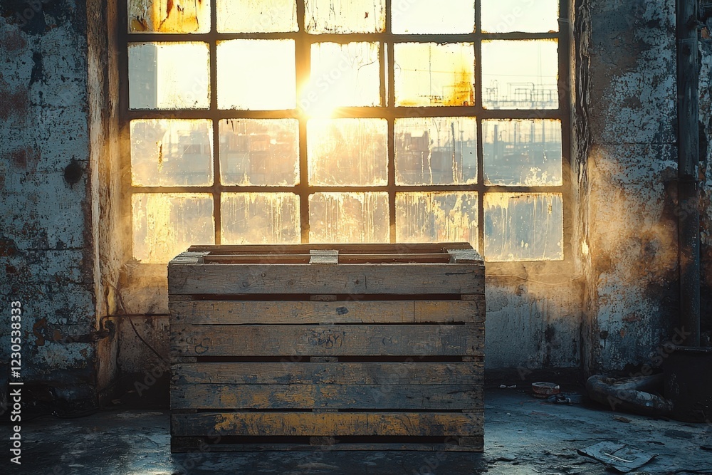Sunlight Streaming Through Industrial Window onto Wooden Crate Sunlight Streaming Through Industrial Window onto Wooden Crate