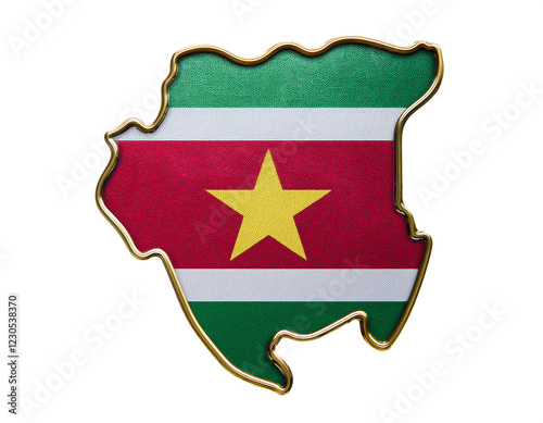 地図の形をしたスリナムの国旗のブローチ（Flags of the Suriname in the shape of a map brooch on white background）
 photo