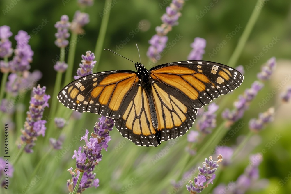 Naklejka premium A monarch butterfly delicately rests on a lavender flower, revealing intricate wing details with sharp focus. The vibrant colors contrast beautifully against the green backdrop
