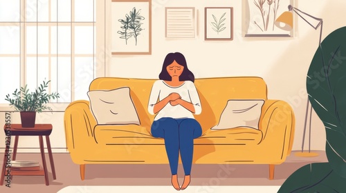 Young woman with stomachache sitting on sofa in living room.