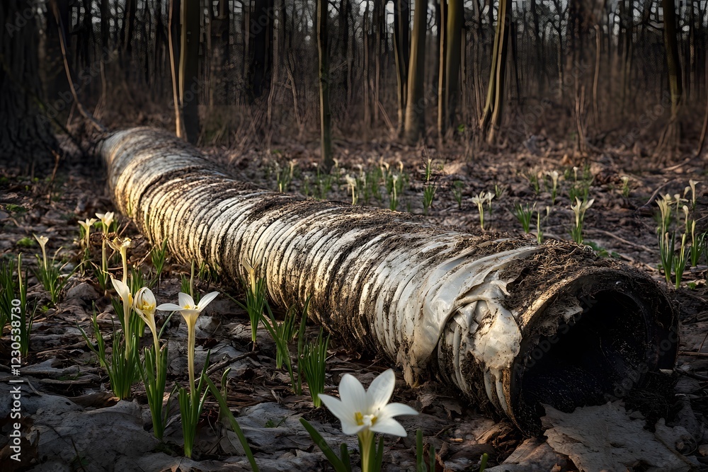 White Crocuses Blooming Near Old Pipe in Forest White Crocuses Blooming Near Old Pipe in Forest