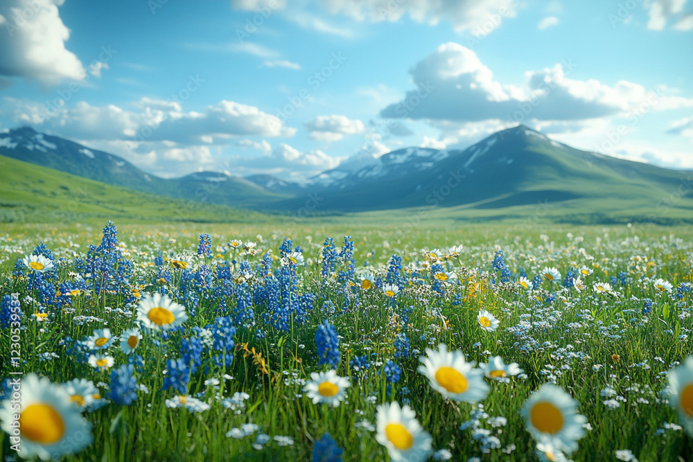 Fototapeta premium Blooming wildflowers flourish in a mountain meadow