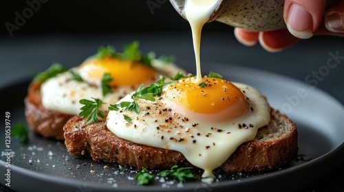 A beautifully presented dish of two sunny-side-up eggs garnished with fresh herbs on toasted whole grain bread, combining health and flavor for a nourishing breakfast experience. photo