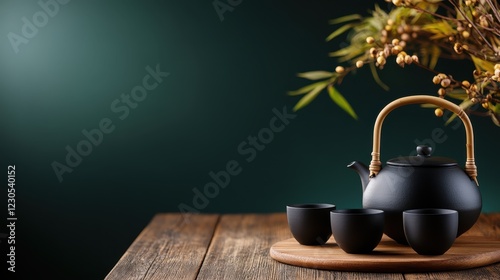 A beautiful black teapot surrounded by matching cups on a wooden surface, evoking a sense of serenity and simplicity, perfect for a peaceful tea-drinking experience.