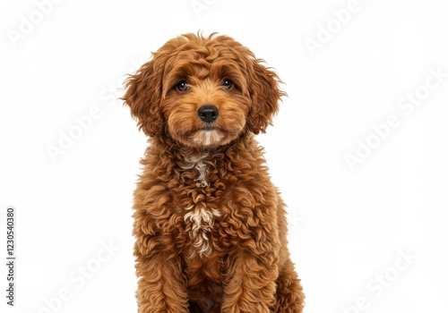 A cute medium sized brown fluffy dog sitting upright with a curly coat and an attentive expression isolated on a white background photo