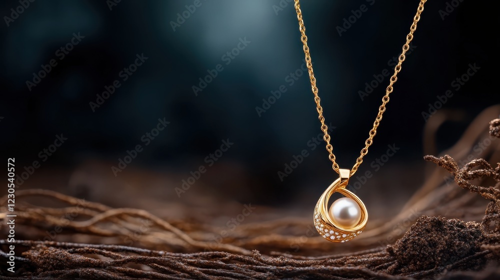 Fototapeta premium The image showcases a simple yet elegant gold pearl pendant hanging gracefully on a textured dark brown backdrop, emphasizing its exquisite design and refined aesthetics.