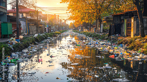 A polluted urban drainage canal filled with plastic bottles, bags, and other waste, reflecting the impact of environmental neglect  photo