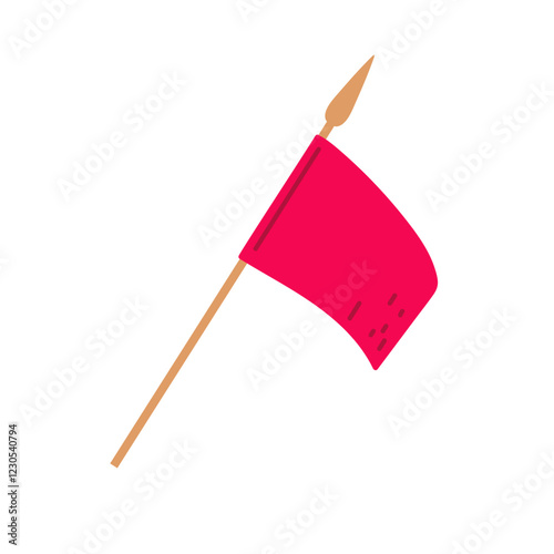 Bright red flag on a wooden pole waving in the breeze at a coastal location during daytime