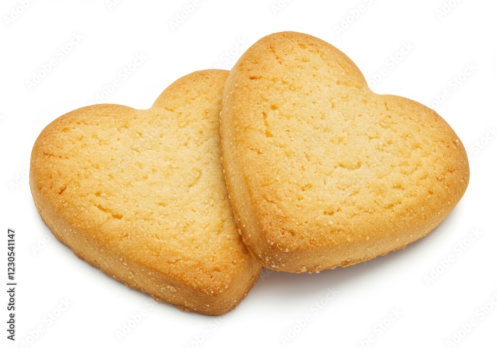 Two golden brown heart-shaped cookies with a crumbly texture isolated on a white background Two golden brown heart-shaped cookies with a crumbly texture isolated on a white background