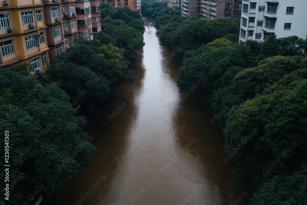 Fototapeta premium A river runs through a city with brown water