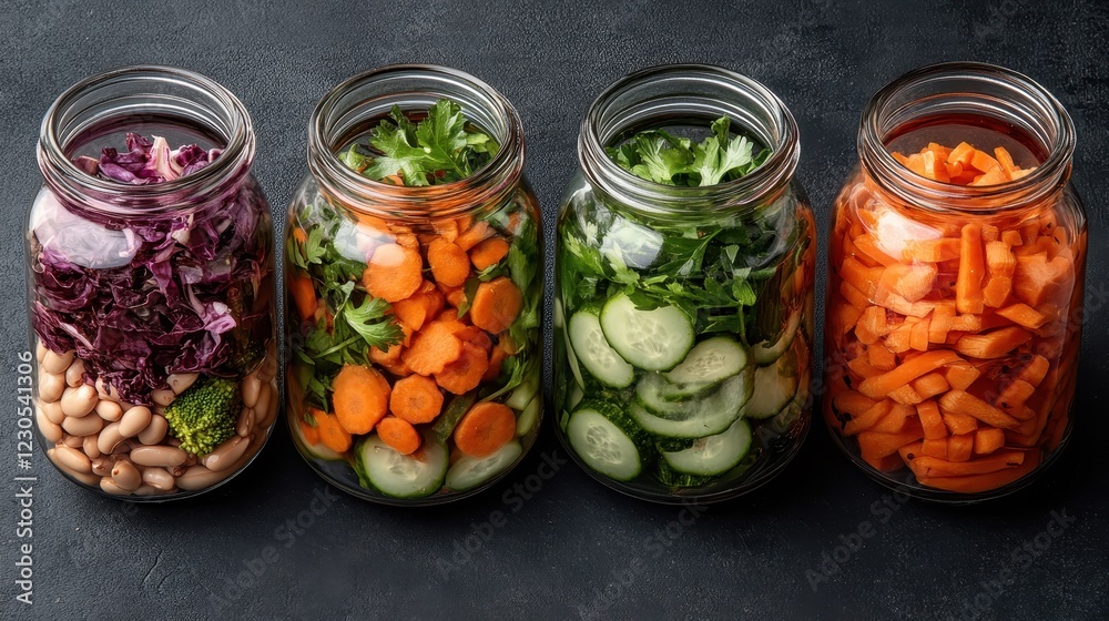 An appealing display of colorful vegetables in glass jars, highlighting fresh ingredients that prompt healthy eating and vibrant food choices for a nutritious lifestyle. An appealing display of colorful vegetables in glass jars, highlighting fresh ingredients that prompt healthy eating and vibrant food choices for a nutritious lifestyle.