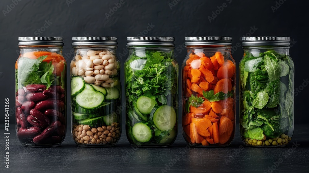 A colorful array of healthy ingredients captured in jars, demonstrating a delightful mix perfect for vibrant cooking and the promotion of a nutritious lifestyle.