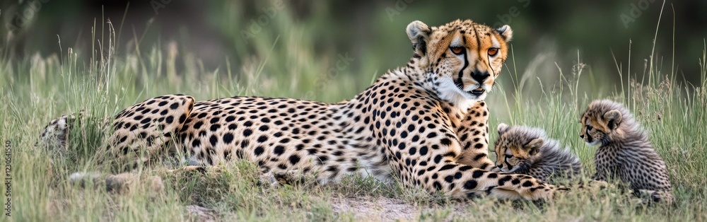 A mother cheetah lies calmly in the tall grass, watching over her two lively cubs who are playfully tumbling around nearby. This moment captures the tenderness of their bond in the wild A mother cheetah lies calmly in the tall grass, watching over her two lively cubs who are playfully tumbling around nearby. This moment captures the tenderness of their bond in the wild