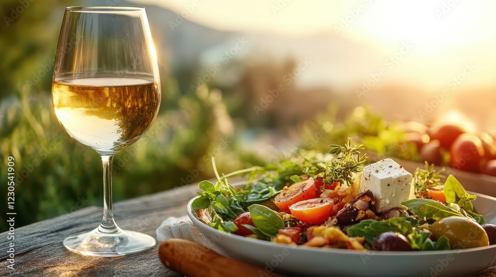 This image captures a delicious salad paired with a glass of white wine, enriched by the warm glow of sunset, symbolizing relaxation and the joy of gourmet dining. This image captures a delicious salad paired with a glass of white wine, enriched by the warm glow of sunset, symbolizing relaxation and the joy of gourmet dining.