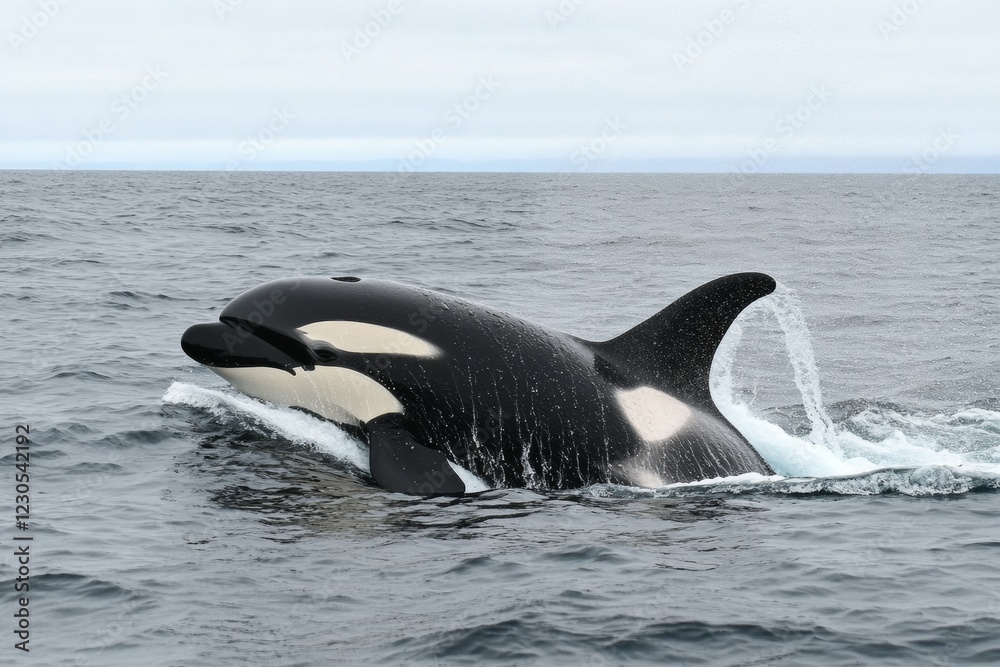 An orca whale dramatically breaches the surface of the ocean, sending a cascade of water off its sleek, glossy body. Overcast skies provide a moody backdrop for this majestic display