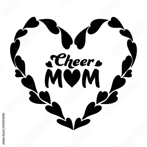 Cheer Mom phrase vector graphics with stylized lettering in a heart frame, symbolizing cheerleading pride. Perfect for custom apparel, decals, and merchandise celebrating supportive proud cheer moms