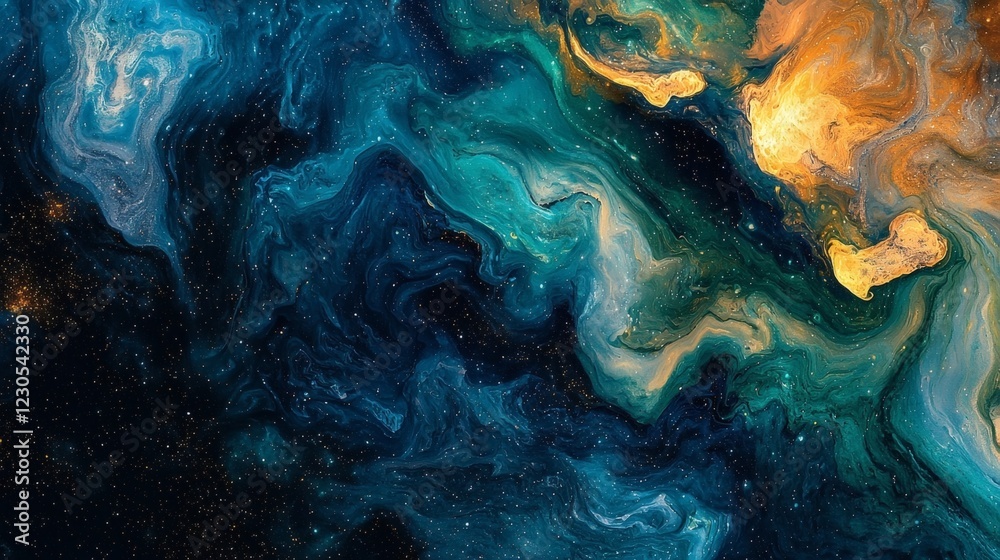 Cosmic Nebula: A mesmerizing swirl of teal, gold, and midnight blue, reminiscent of a celestial galaxy. Cosmic Nebula: A mesmerizing swirl of teal, gold, and midnight blue, reminiscent of a celestial galaxy.