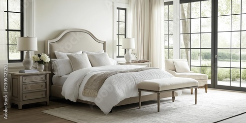 Comfortable bed with white duvet and pillows in a bright, airy bedroom featuring large windows overlooking a garden, embodying a transitional design with elegant, neutral decor