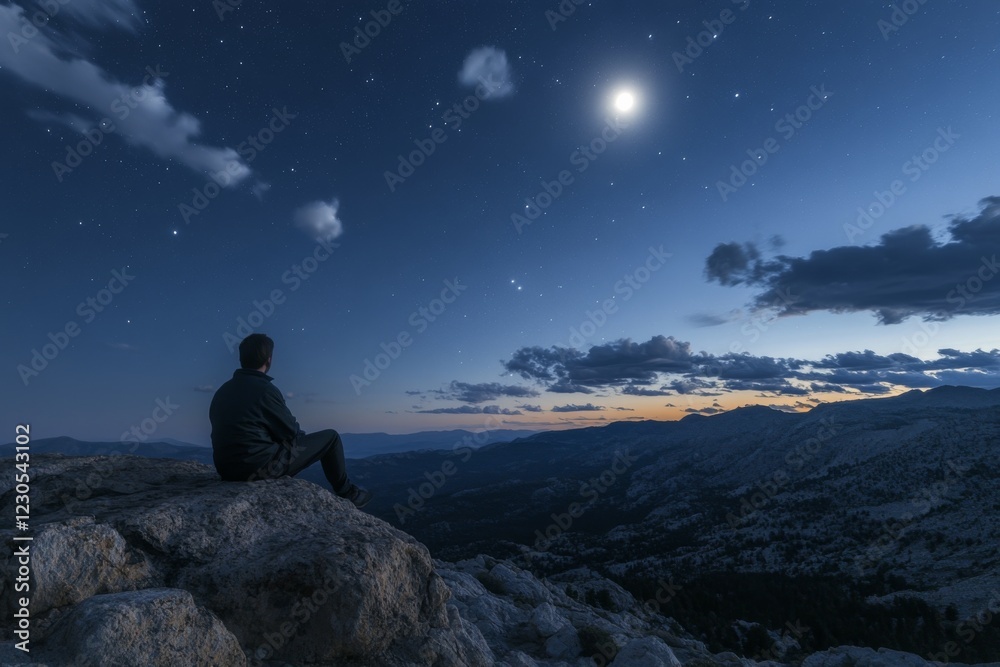 Fototapeta premium Stargazer on a Moonlit Mountain