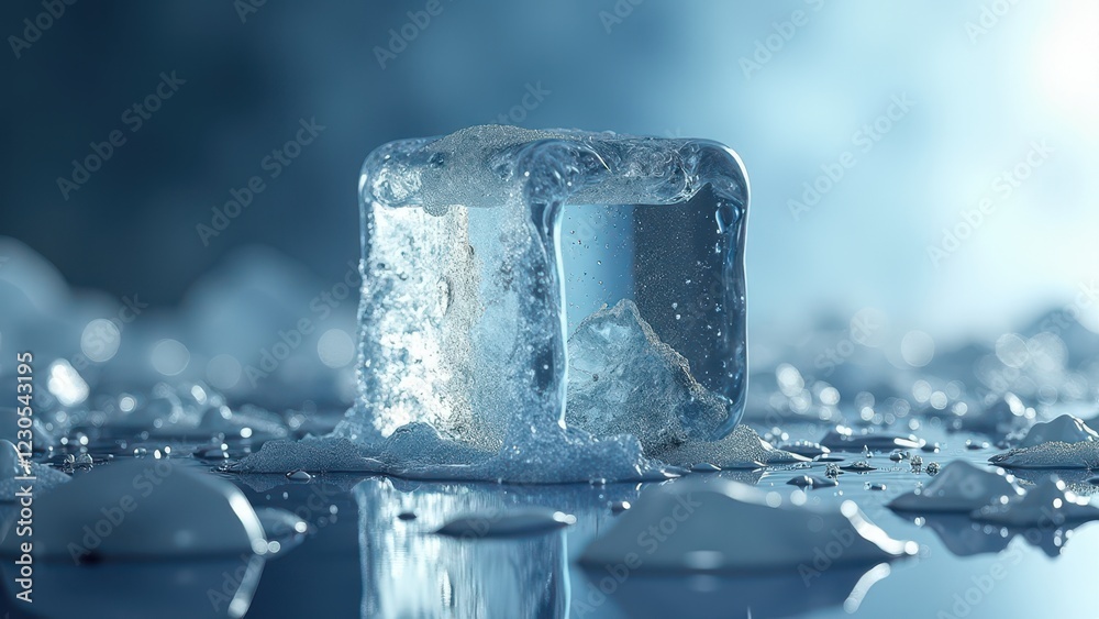 Fresh ice cube melting on a reflective wet surface with scattered water droplets Fresh ice cube melting on a reflective wet surface with scattered water droplets