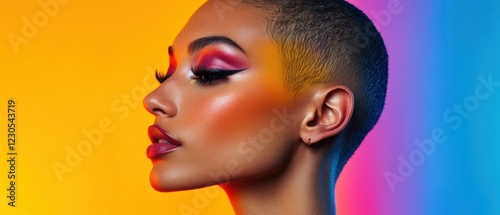 Profile of a beautiful Black woman with vibrant makeup and short hair, against a colorful gradient background Concept of beauty, fashion, and modern style