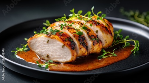 An elegant serving of grilled chicken slices arranged on a dark plate, drizzled with a delicious sauce and adorned with fresh greenery, showcasing culinary mastery and artful presentation. photo