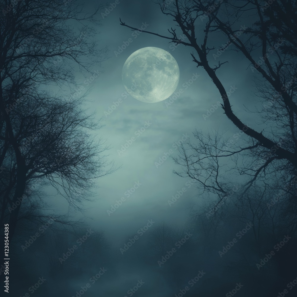 Dark, foggy, mysterious forest. Full moon on the sky. Halloween backdrop. Dark, foggy, mysterious forest. Full moon on the sky. Halloween backdrop.