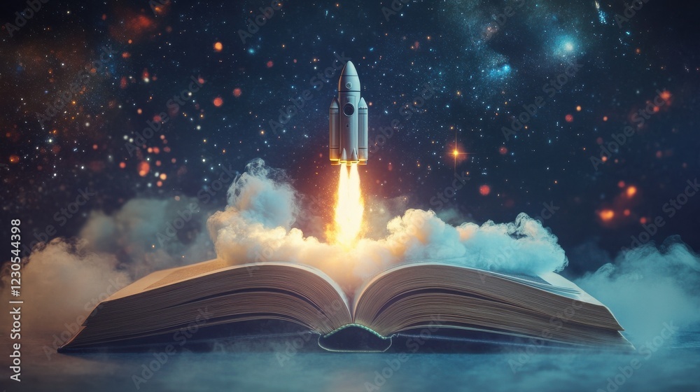 Fototapeta premium An open book with a rocket blasting off into space, concept for education and innovation