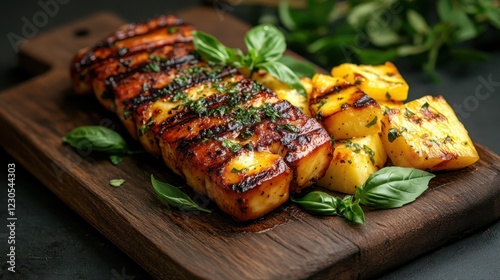 A tantalizing display of charcoal grilled octopus adorned with lemon wedges and herbs, capturing the essence of a sophisticated seafood dish in an outdoor setting. photo