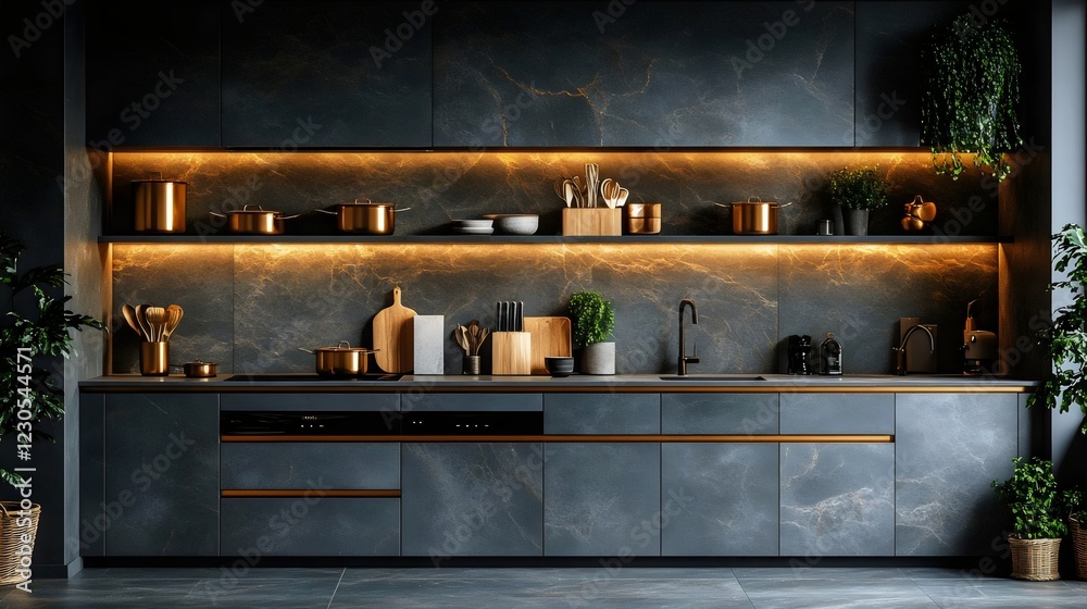 A kitchen with a black countertop and a black sink A kitchen with a black countertop and a black sink