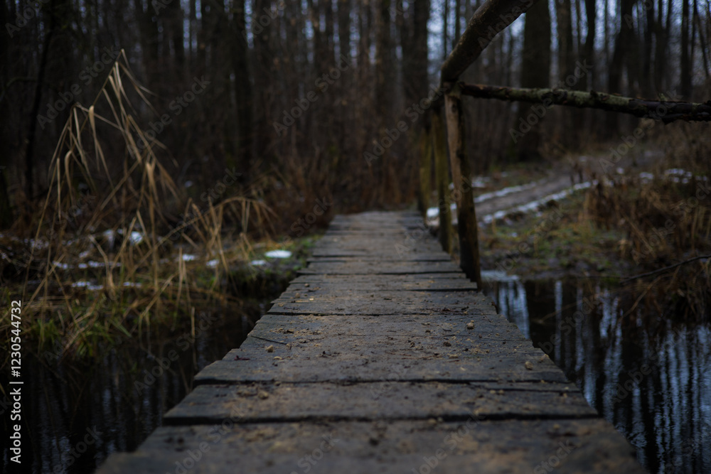 Obraz premium A small wooden bridge over a quiet stream in a dark winter forest surrounded by dry grass and patches of snow on the banks creating a calm and mysterious atmosphere. An old bridge over a small river.
