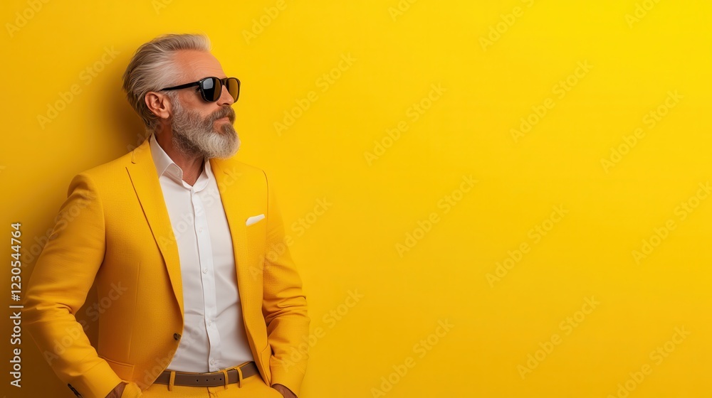 A stylish senior man exuding confidence in a bright yellow suit, set against a matching backdrop, showcasing contemporary fashion that transcends age and inspires individuality. A stylish senior man exuding confidence in a bright yellow suit, set against a matching backdrop, showcasing contemporary fashion that transcends age and inspires individuality.