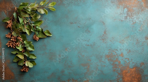 This image features green leaves adorned with brown accents set against a vibrant blue backdrop, emphasizing nature's beauty and color contrast in a captivating way. photo