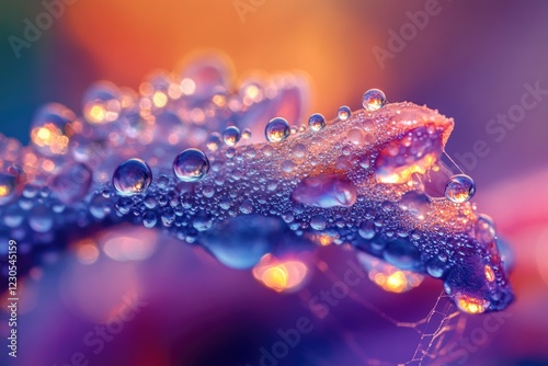 Dewdrops on a petal, glistening with vibrant colors, reflecting light like tiny jewels. photo