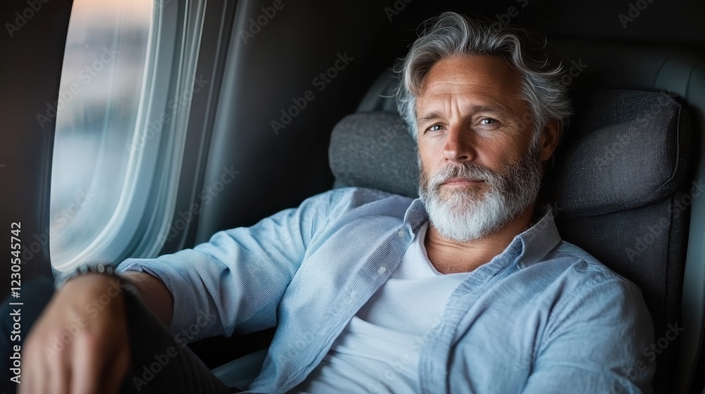 Fototapeta premium A relaxed man in a private jet cabin, engaging with the serene atmosphere, conveying a sense of calm and sophistication, ideal for portraying luxury travel experiences.