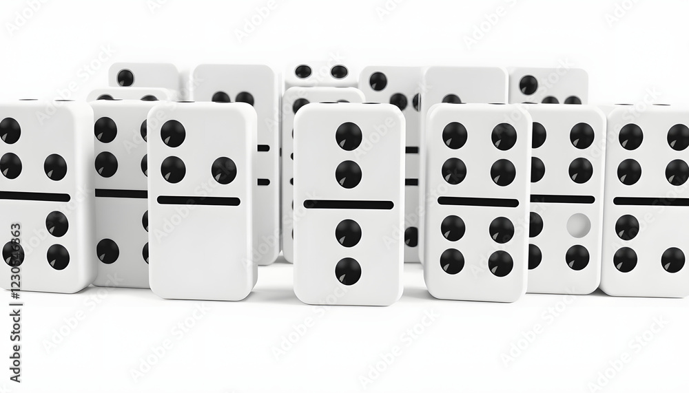 Dominoes game blocks white color with black dots isolated against white background. 3d illustration , with white tonespng