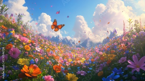 A Colorful Meadow with Butterflies and Mountains