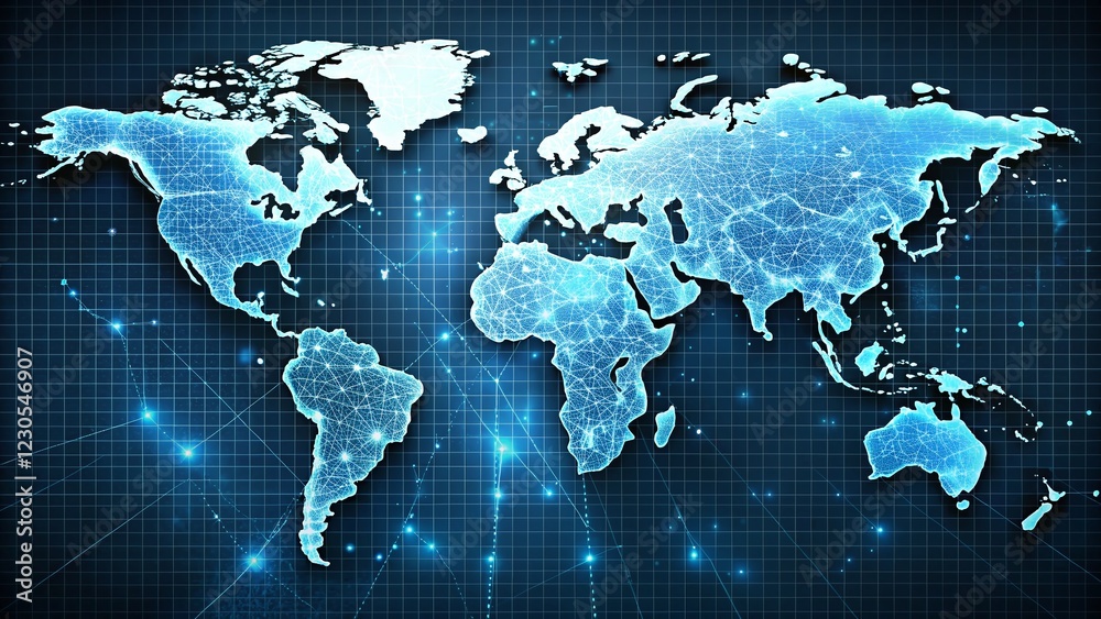 World Map with Blue Grid Lines on Dark Background - Aerial View Stock Photo World Map with Blue Grid Lines on Dark Background - Aerial View Stock Photo