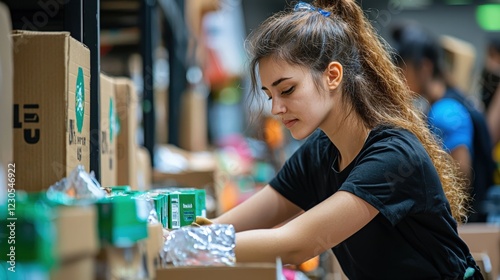 Young Female Volunteer Organizing Supplies in Community Warehouse